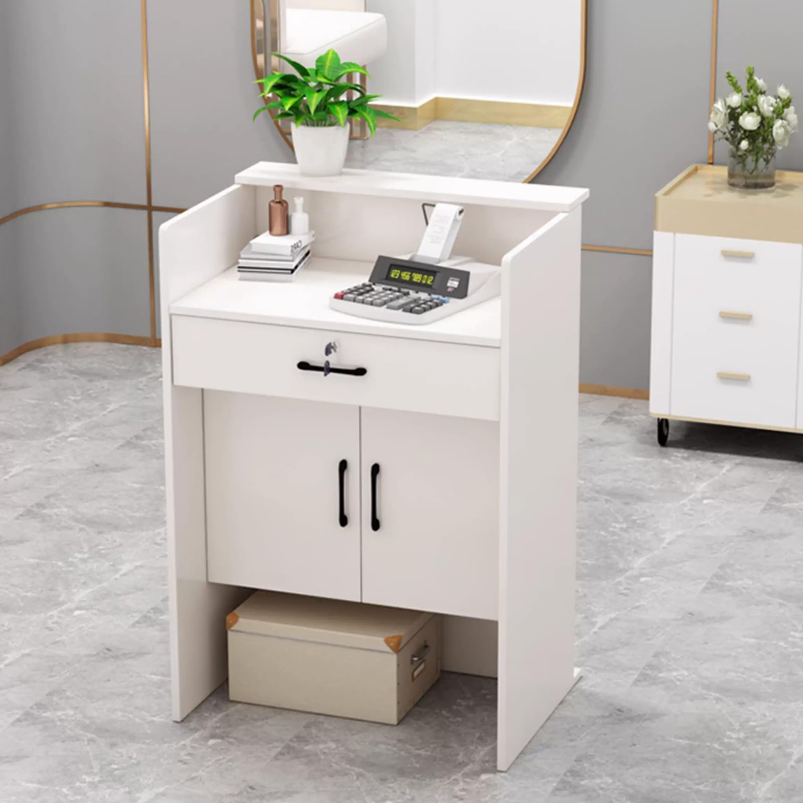 Mostrador De Recepción Frontal, Mostrador De Caja con Cajones y Estantes De Almacenamiento, Mostrador De Recepción Para Salones De Belleza, Tiendas De Ropa y Peluquerías (Blanco con gabinetes)