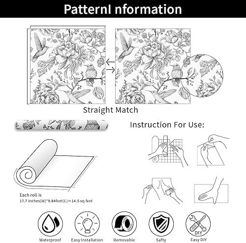 Miniatura 7 de MAGAFA Papel tapiz floral vintage blanco y negro, papel tapiz de despegar y pegar, flores, colibríes, papel tapiz extraíble, papel de contacto