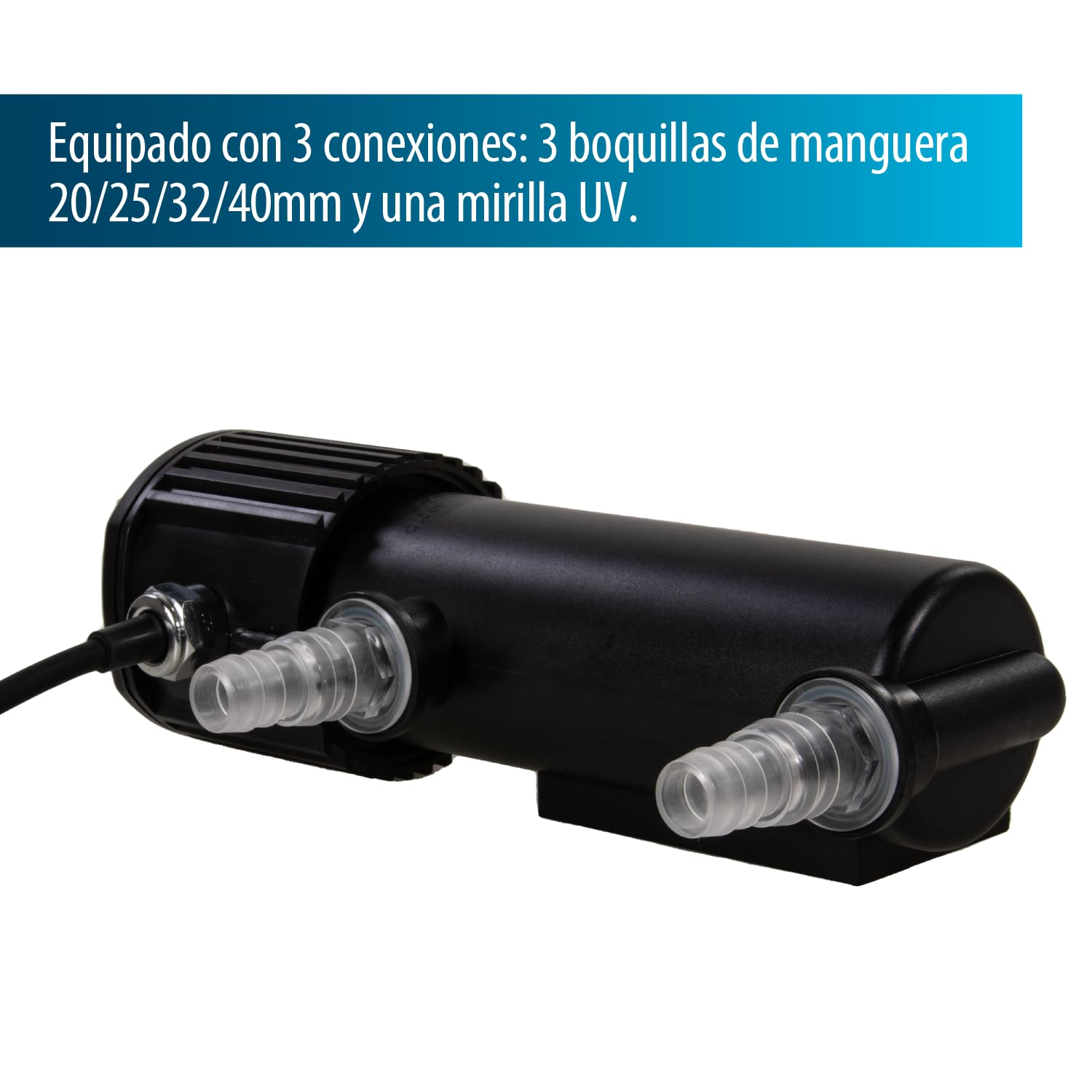 AquaForte GUV-207 UV-C, Estanque máx. 6 m³, caudal máximo 1,2 m³/Hora, 7 W, Carcasa con conexión Quick Lock, Equipada con 3 Conexiones: 3 Conexiones de Manguera 20/25/32/40 mm y Vidrio de succión UV