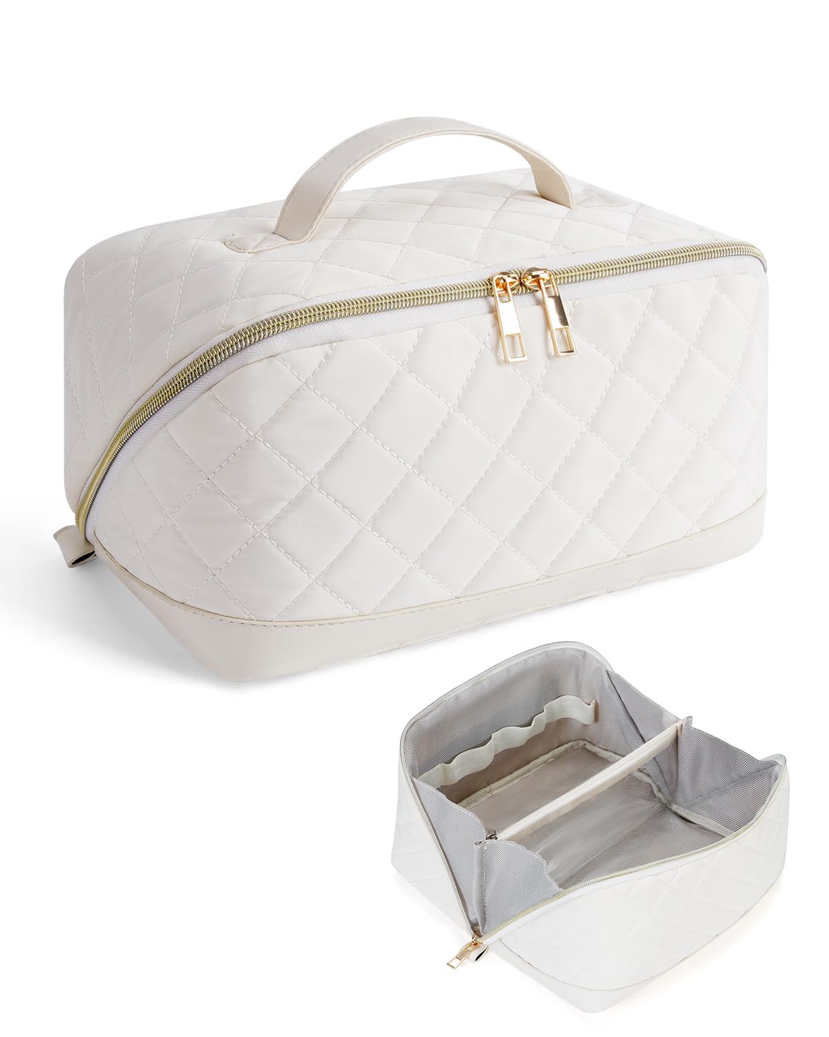 Wandering Nature Kosmetiktasche Damen, Reise Make-up Tasche mit Bürstenfach, Trennfächern und Griff, große wasserabweisende Schminktasche für Alltag & Reisen