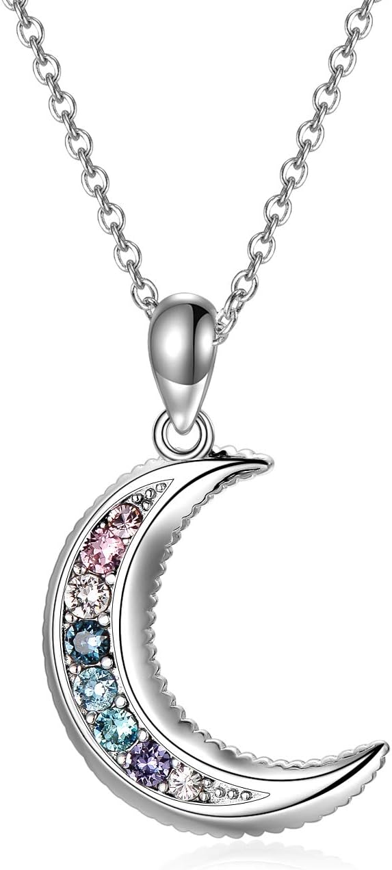 AOBOCO Sterling Silver Crescent Moon Necklace for Women, Gorgeous Multicolor Moon Pendant Embellished with Crystals from Austria, Anniversary Birthday Moon Jewelry Gifts for Lovely Ladies