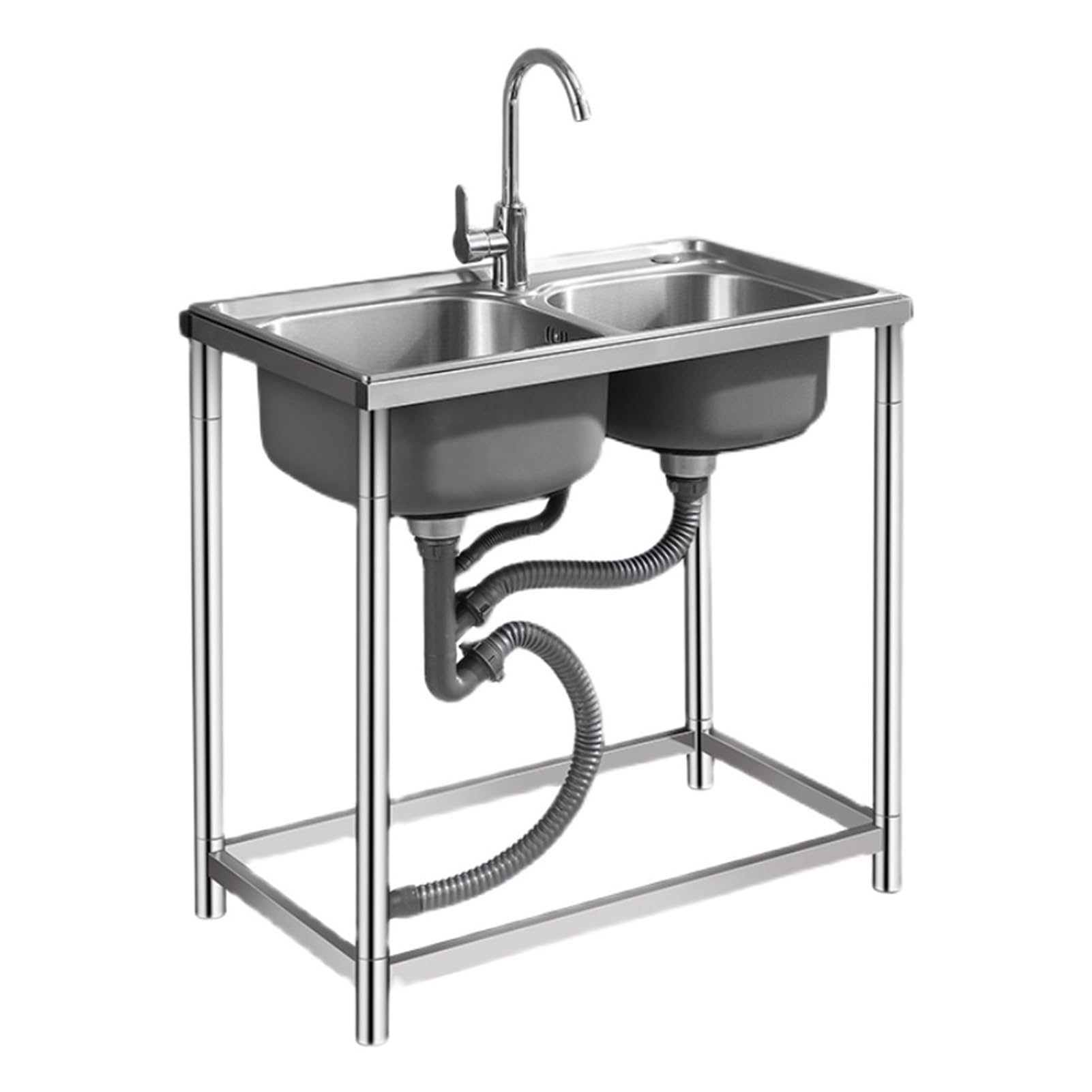 ZQFHSX Freestanding Stainless Steel Sink 2 Bowl Double Kitchen Commercial with Tap Drainer for Kitchen, Restaurant, Bar,Laundry Room (78 * 43 76cm)
