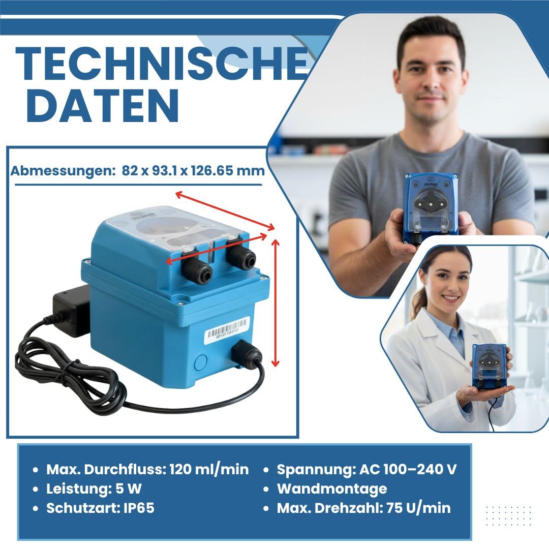 GOLDMAN SERVICE Peristaltische Dosierpumpe, verstellbar, 120 ml/min, Dosierer für Waschmittel und Klarspüler für industrielle Geschirrspüler – IP65, 5 W, Wandmontage