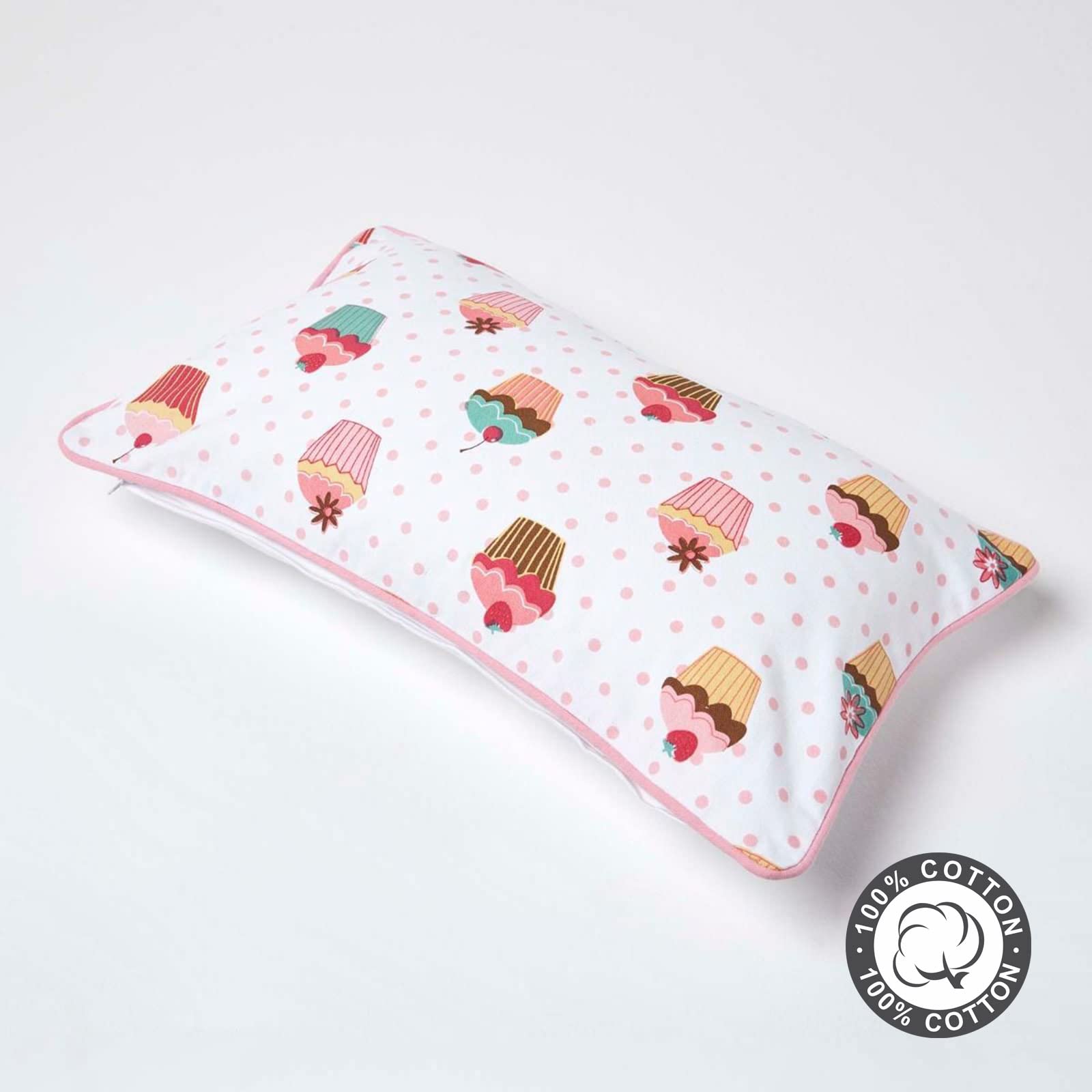 HOMESCAPES Copricuscino Decorativo In Cotone – Motivo Cupcake E Pois, Rosa, 30x50 Cm