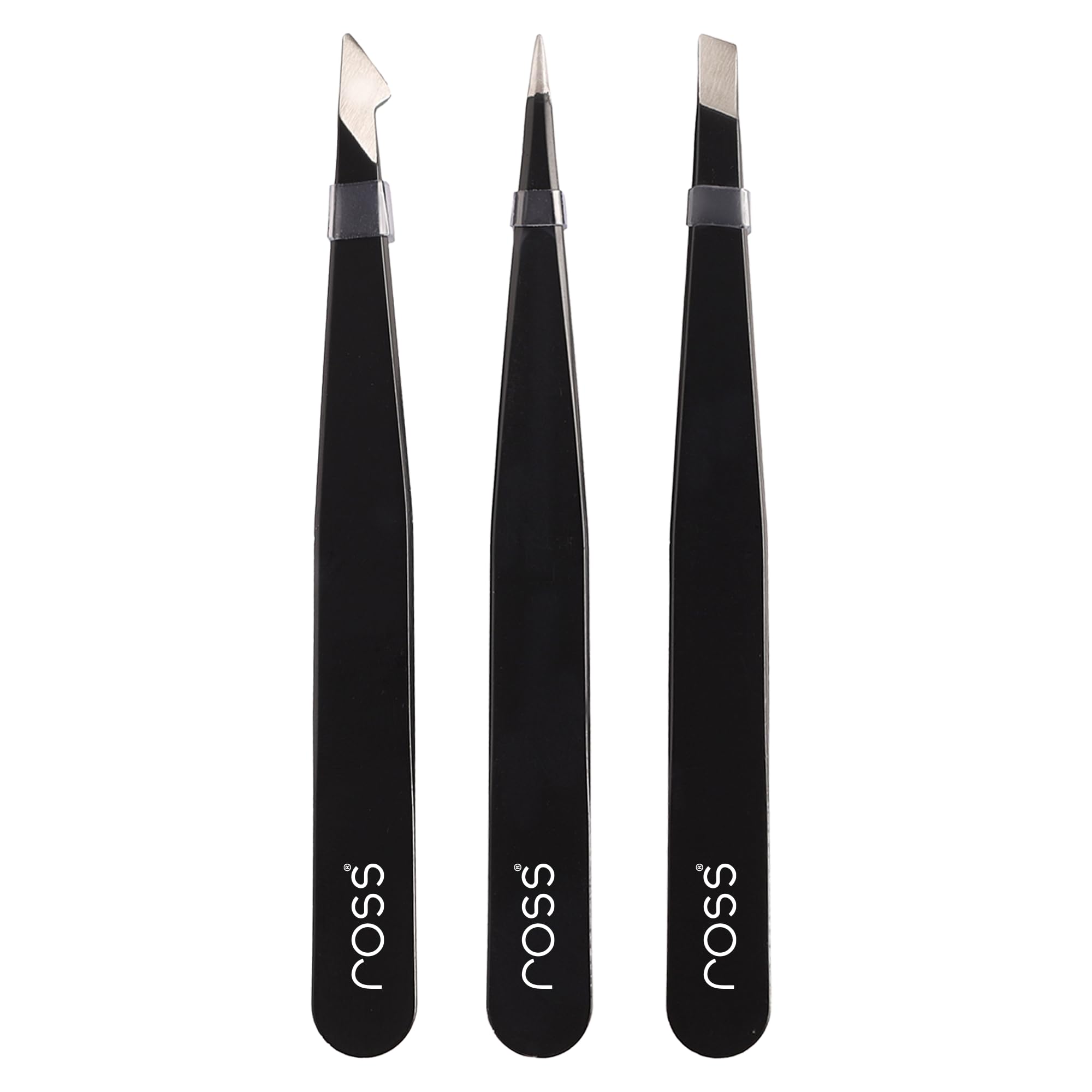 Ross 3PCS Precision Tweezers Set – Stainless Steel Slant, Pointed & Curved Tips – Professional Kit for Eyebrow Shaping, Facial Hair, Ingrown Hair & Splinter Removal, Craft & Beauty Use – Black Finish