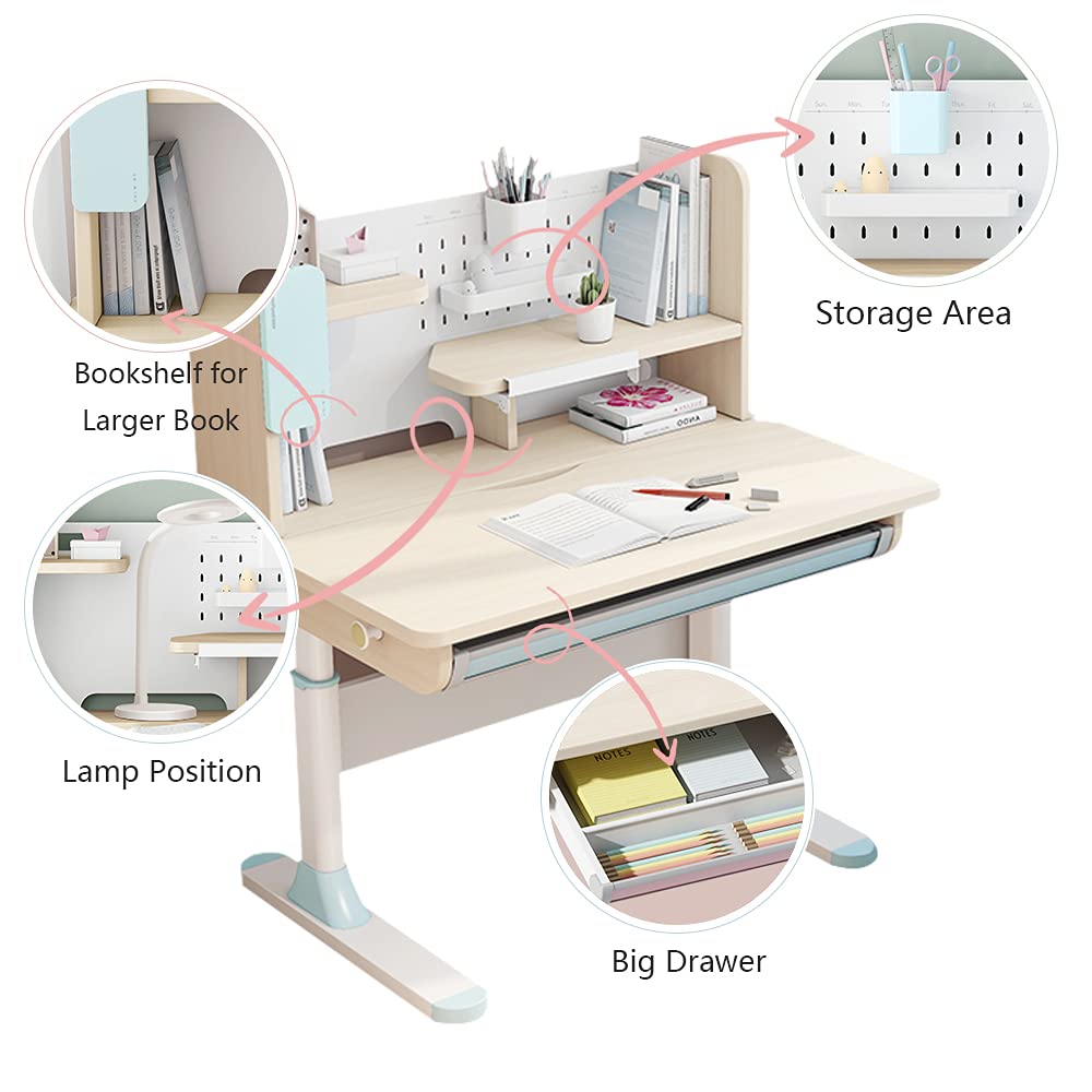 FCD Adjustable Height Kids Study Desk with Chair Drafting Table Computer Station Built-in Bookshelf Hutch Multi Function Desk and Chair Blue product thumbnail 4