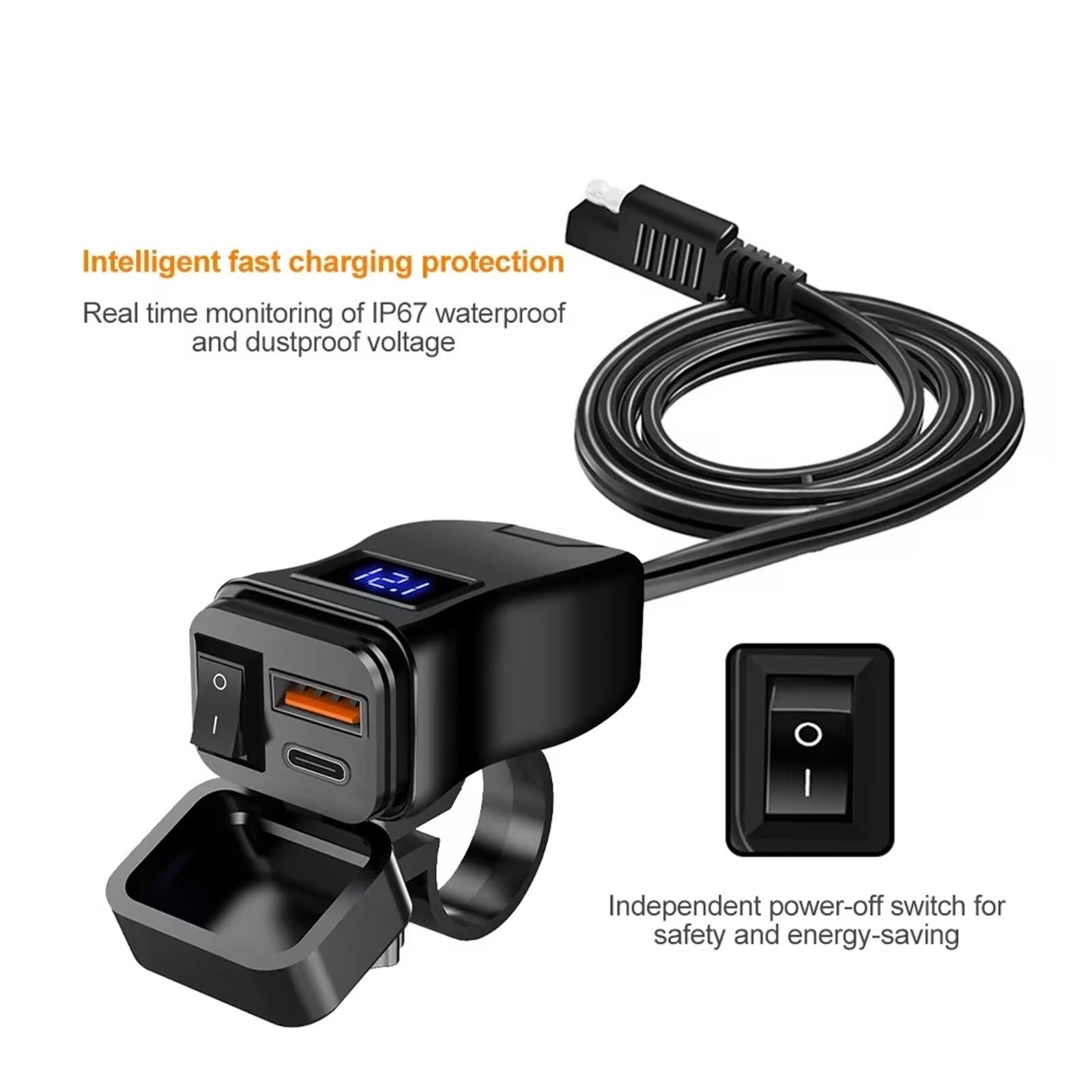 Navigation GPS PD QC3.0 Chargeur USB Rapide pour Moto Guidon 60W Double Prise avec Interrupteur Voltmètre Adaptateur d'alimentation Étanche 12V(QC3.0 Voltmeter)