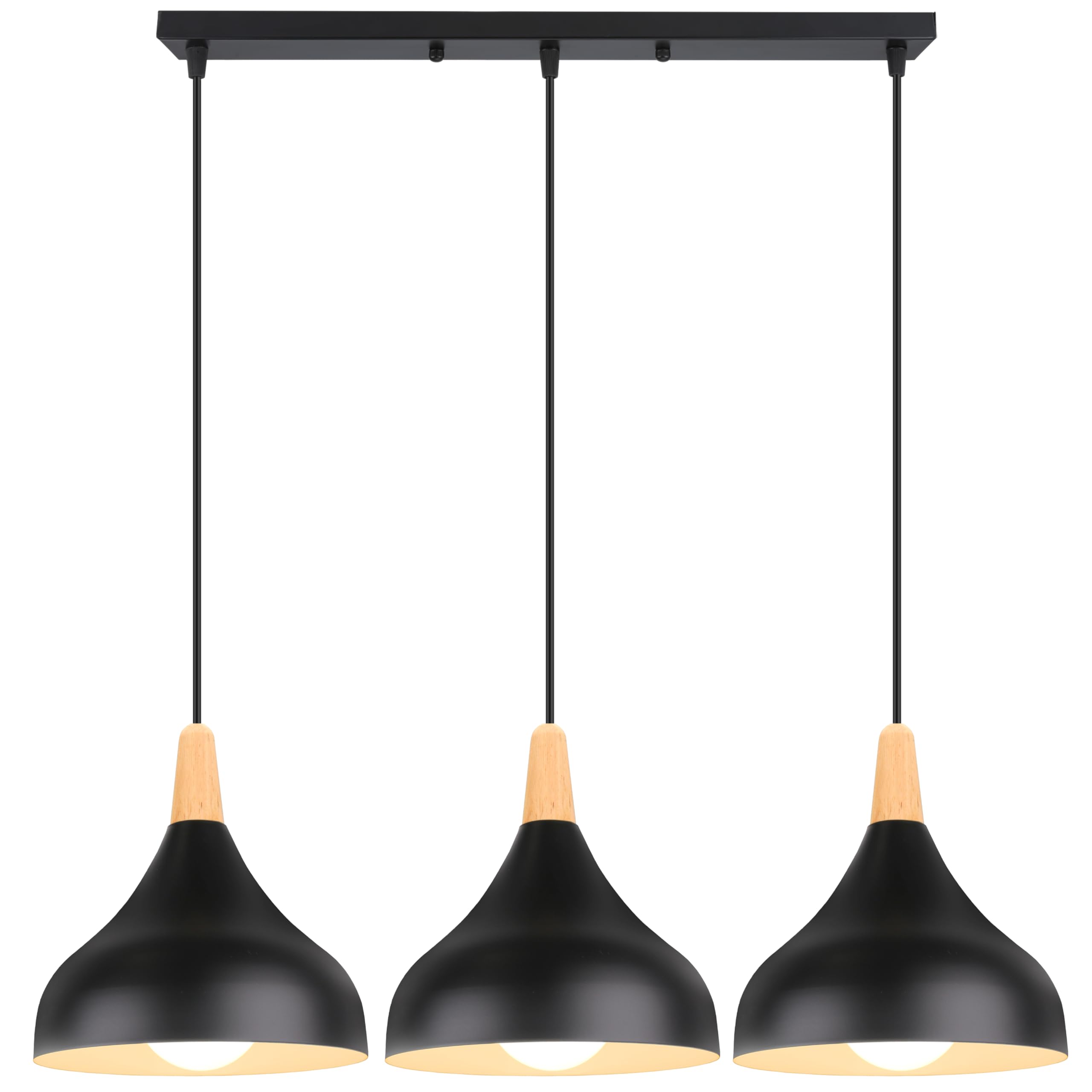 iDEGU 3 Retro E27 Pendant Light Modern Style Drop Hat Ceiling Light Metal Wood Ceiling Lamp for Dining Room Living Room Kitchen Diameter 20 cm (Black, Bar)