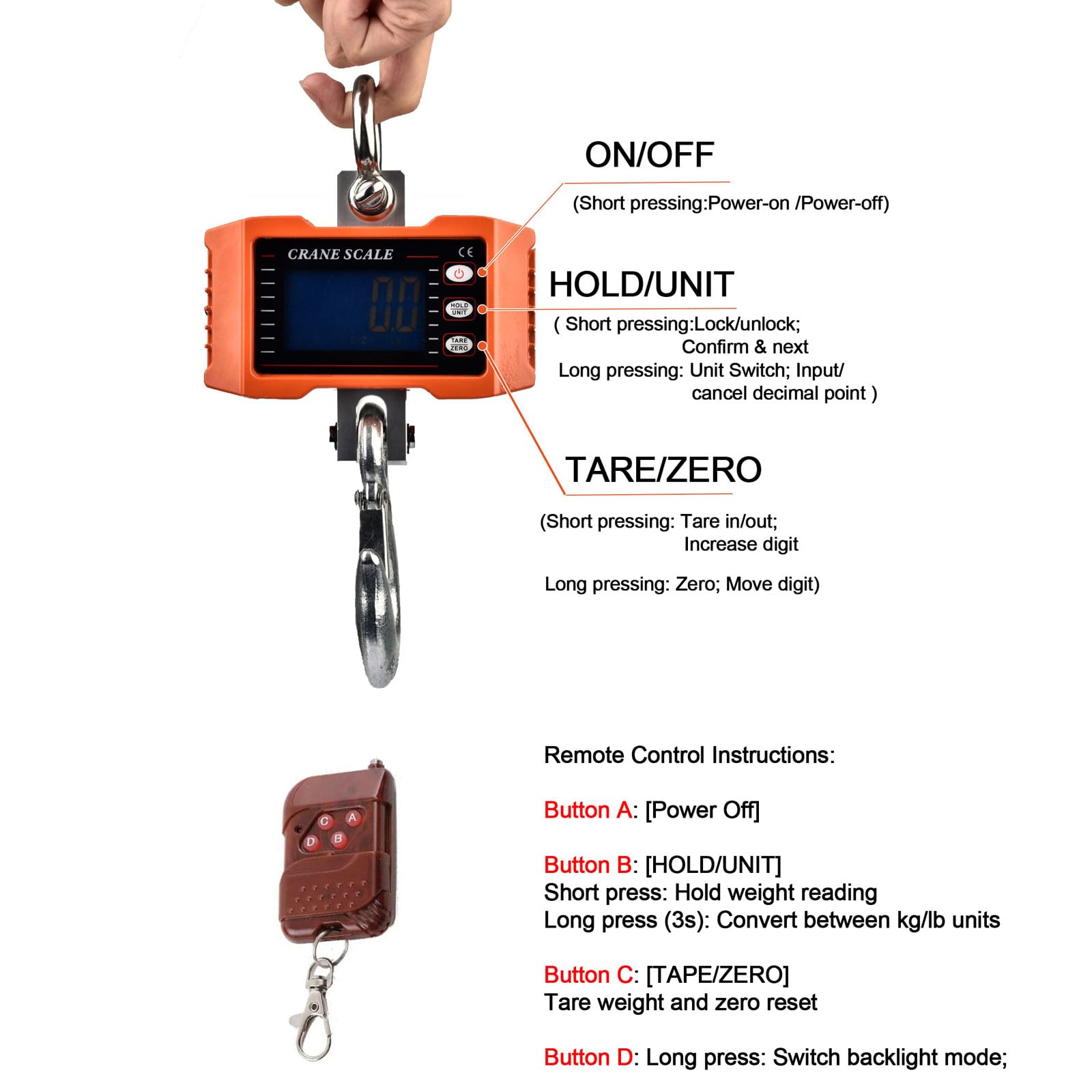 Tiandirenhe Bilancia digitale per gru da 1000 kg/2200 libbre, bilancia digitale per gru industriale resistente, retroilluminazione LCD con cambio unità/tenuta dati/tara/zero per fattoria, bestiame