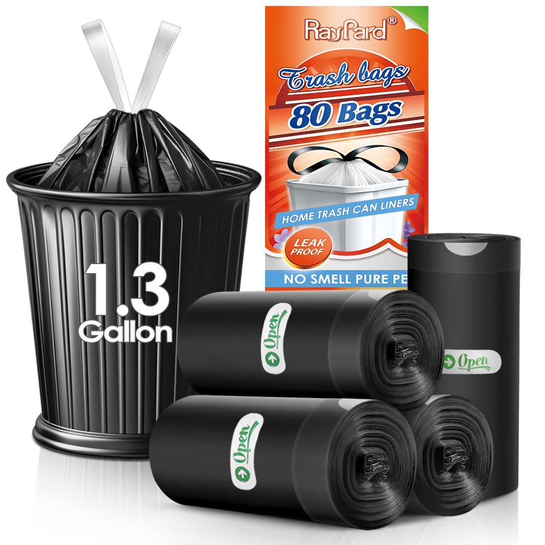 1.3 Gallon 80 Counts Strong Drawstring Trash Bags Garbage Bags by RayPard, 1, 1.2, 1.3 Gal Small Plastic Bags, Trash Can Liners for Home Office Kitchen Bathroom Bedroom, Waste Basket Liners (Black)