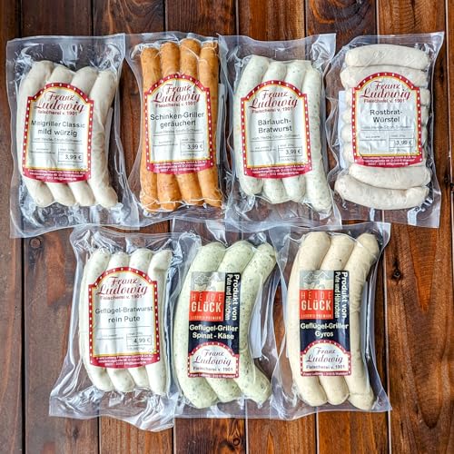 Franz Ludowig Premium Grillwurst Mixpaket, 7 Sorten Bratwurst, Schweinefleisch und Geflügel, 30 Würstchen, 1460g, Gekühlt, Schinkengriller, Minigriller, Bärlauch, Gyros