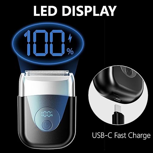 Miniatura 6 de Mini afeitadora eléctrica de aluminio para hombres, afeitadora de viaje con 2 láminas flotantes, IPX7 húmedoseco, pantalla LED, carga USB-C,