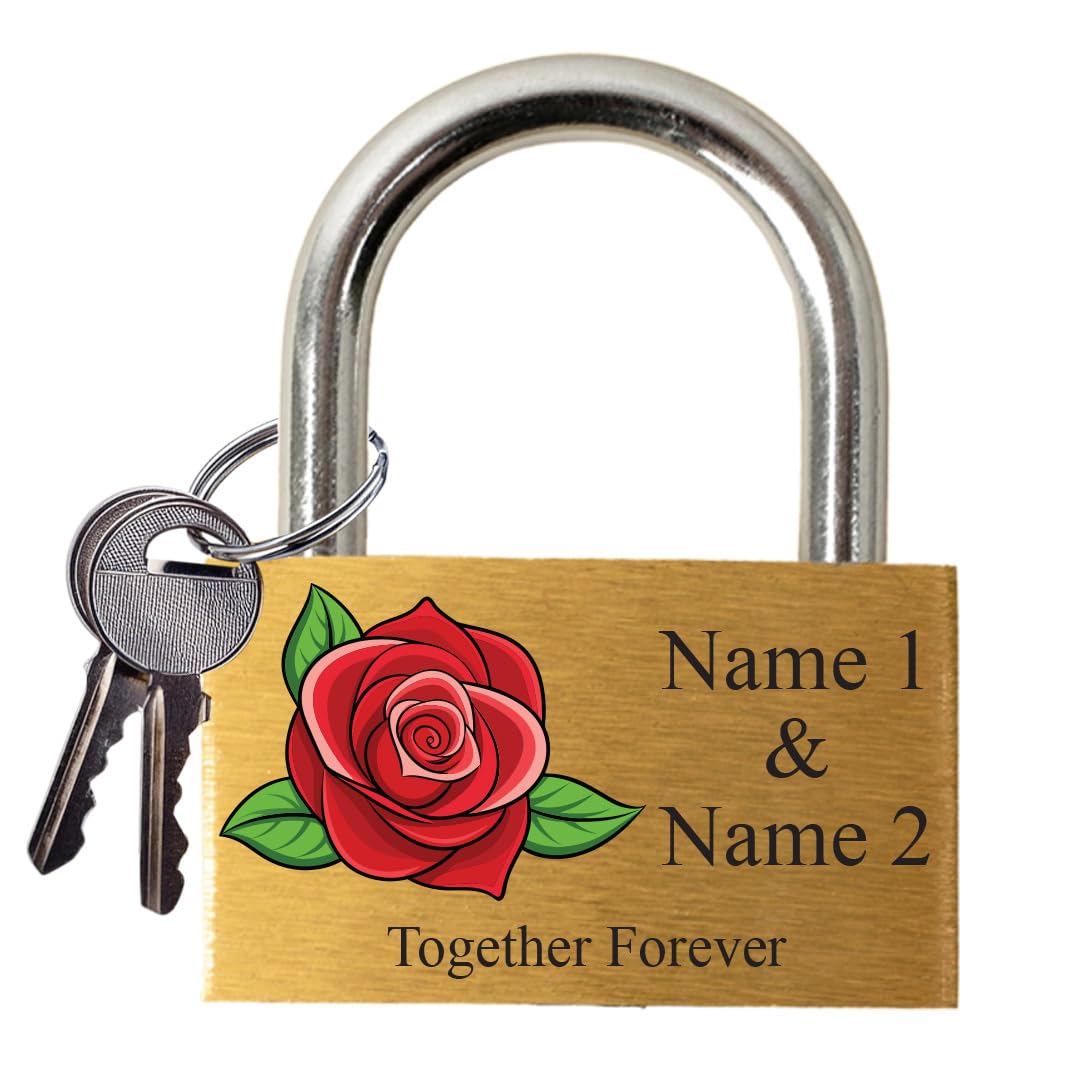 Personalized Engraved Love Lock - Wedding & Anniversary Ceremony Gift - Custom Padlock Couples Name Linked Hearts Romantic Bridge Keepsake (Rose 1)