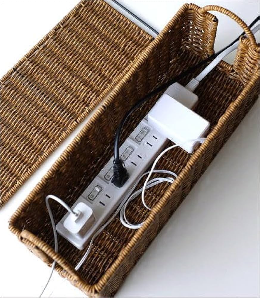 Amazon.co.jp: ケーブル収納 フェイクラタン ボックス ふた付き