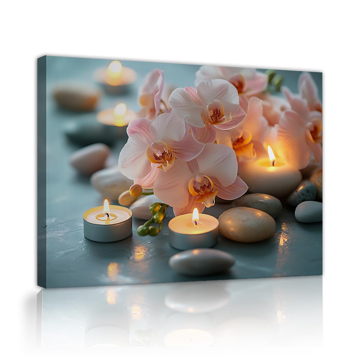 TOANGWALL Pink Orchid Canvas Wall Art Bathroom Spa Candles Framed Poster Prints Zen Stones Peaceful Floral Abstract Painting Artwork for Hotel Decor 80x95cm
