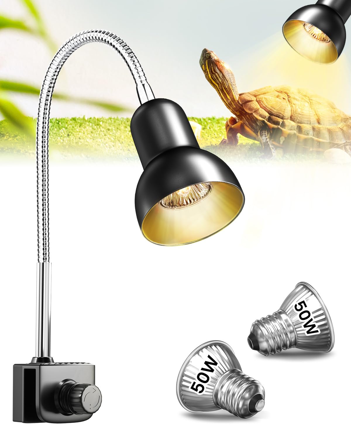 GlowUp Reptile Heat Lamp, Tortoise Heat Lamp with 2 * Basking Bulb, 360° Swivel Clamp Stand, E27 Basking Light for Reptiles Lizard, Turtle, Snake, Chameleon