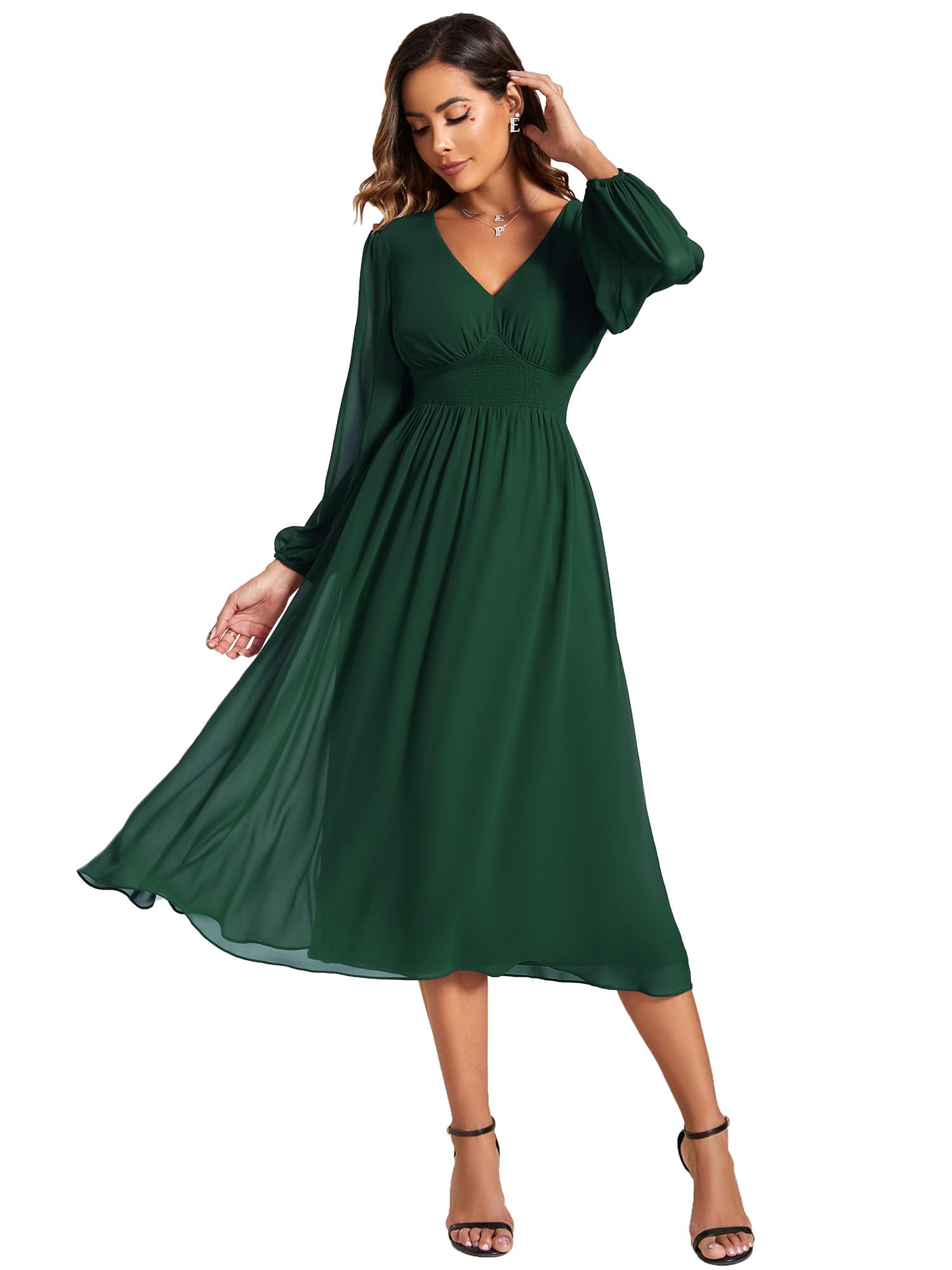 Ever-Pretty Vestido elegante para mujer, ceremonia, manga larga, cuello en V, falda Midi EG01929