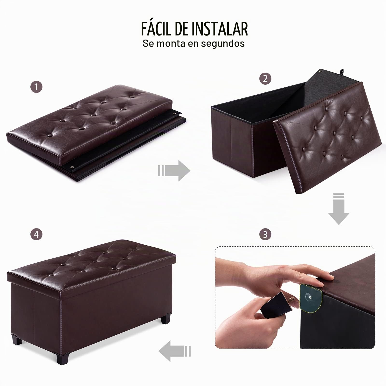 BRIAN & DANY Puff Almacenaje Plegable - Banco Almacenaje con Tapa, Taburete Baúl Multifunción para Dormitorio, Salón o Pasillo, Marrón, 76 x 38 x 38 cm