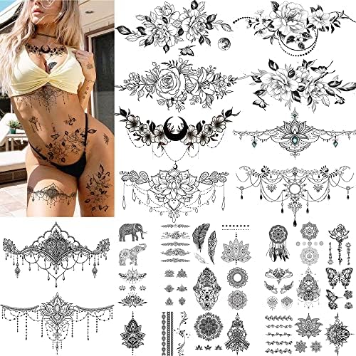 Quichic 66+ Pcs Sternum Tattoos for Women Sexy Temporary Tattoos for Women Chest Tattoos for Woman Girls,Underboob Tattoo Waterproof Realistic Includes 10 Large Fake Tattoos Long Lasting Flower Waist Temp Tattoos Party Favors
