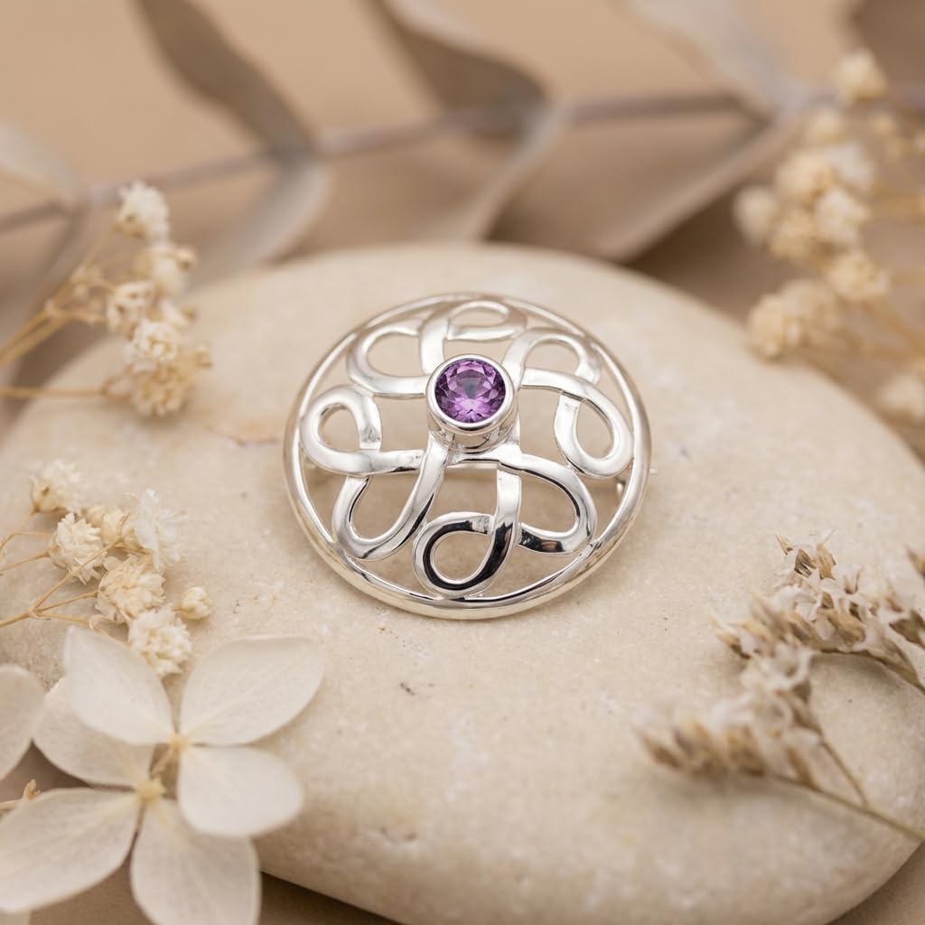 Alexander Castle 925 Sterling Silver Brooch for Women Celtic Brooch Pin with Purple Cubic Zirconia & Jewelry Gift Box - 28mm