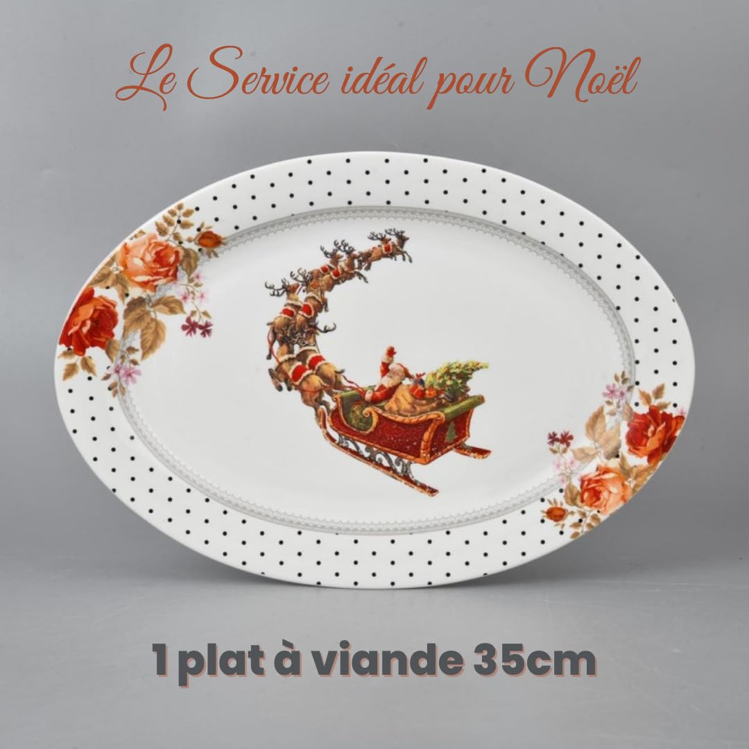 Service de table de Noël complet en porcelaine pour 6 personnes - 26 pièces : 6 grandes assiettes, 6 trous, 6 bols, 1 assiette de viande, 1 saladier