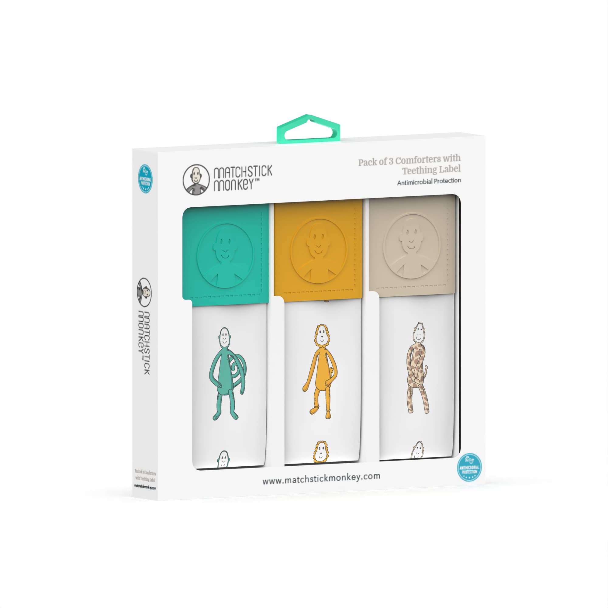 Matchstick MonkeyPack of 3 Comforters with Teething Label, Antimicrobial Protection, Designs - Monkey, Lion & Giraffe