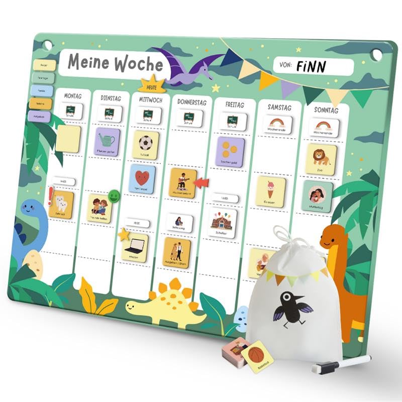 Rabano Art Wochenplaner für Kinder - [200 Magnete - ABWISCHBAR] - ADHS Hilfsmittel, System für Verantwortung und Selbständigkeit, Routine Montessori Magnettafel zur Wochenplanung 'Dinosaurier'