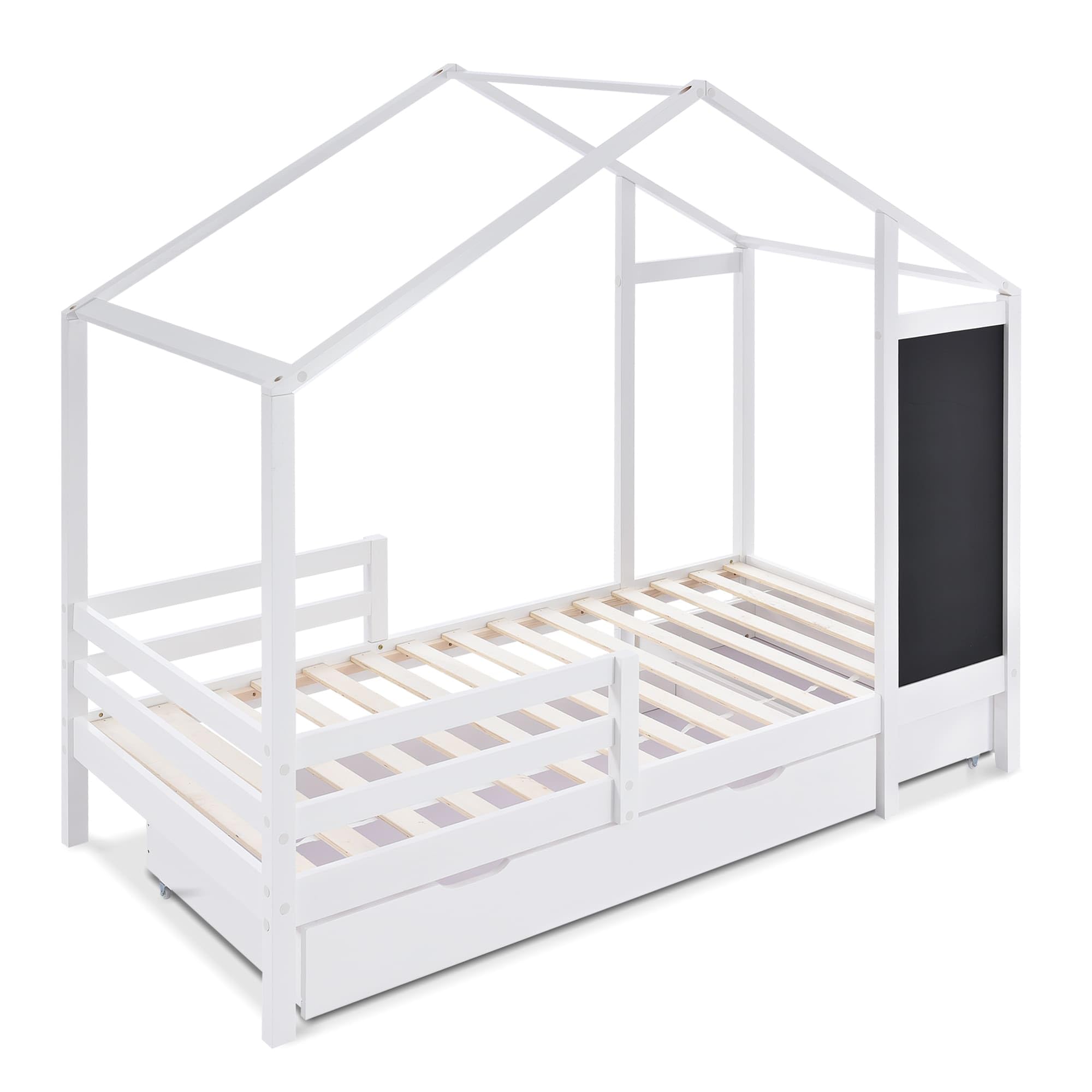 Cama Infantil Montessori De Suelo 90x200 Cm Con Barandilla Y Puerta - Madera De Pino, Segura Y Fácil Montaje