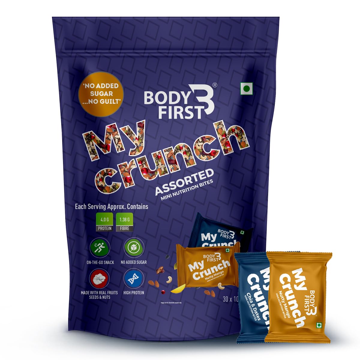 Bodyfirst My Crunch Assorted Nutrition Bar | Protein Bar With 4.0 G Protein And 1.38 G Fibre | Made With Real Fruits, Seeds & Nuts | Veg | No Added Sugar (Pack of 30)