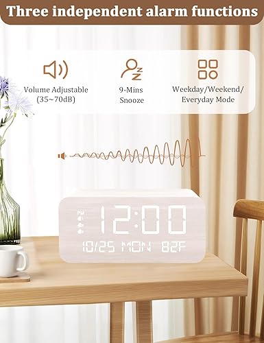 Miniatura 4 de JALL Reloj despertador digital, con pantalla LED electrónica de madera, 3 ajustes de alarma, carga inalámbrica de 10 W, día de la semana, detección