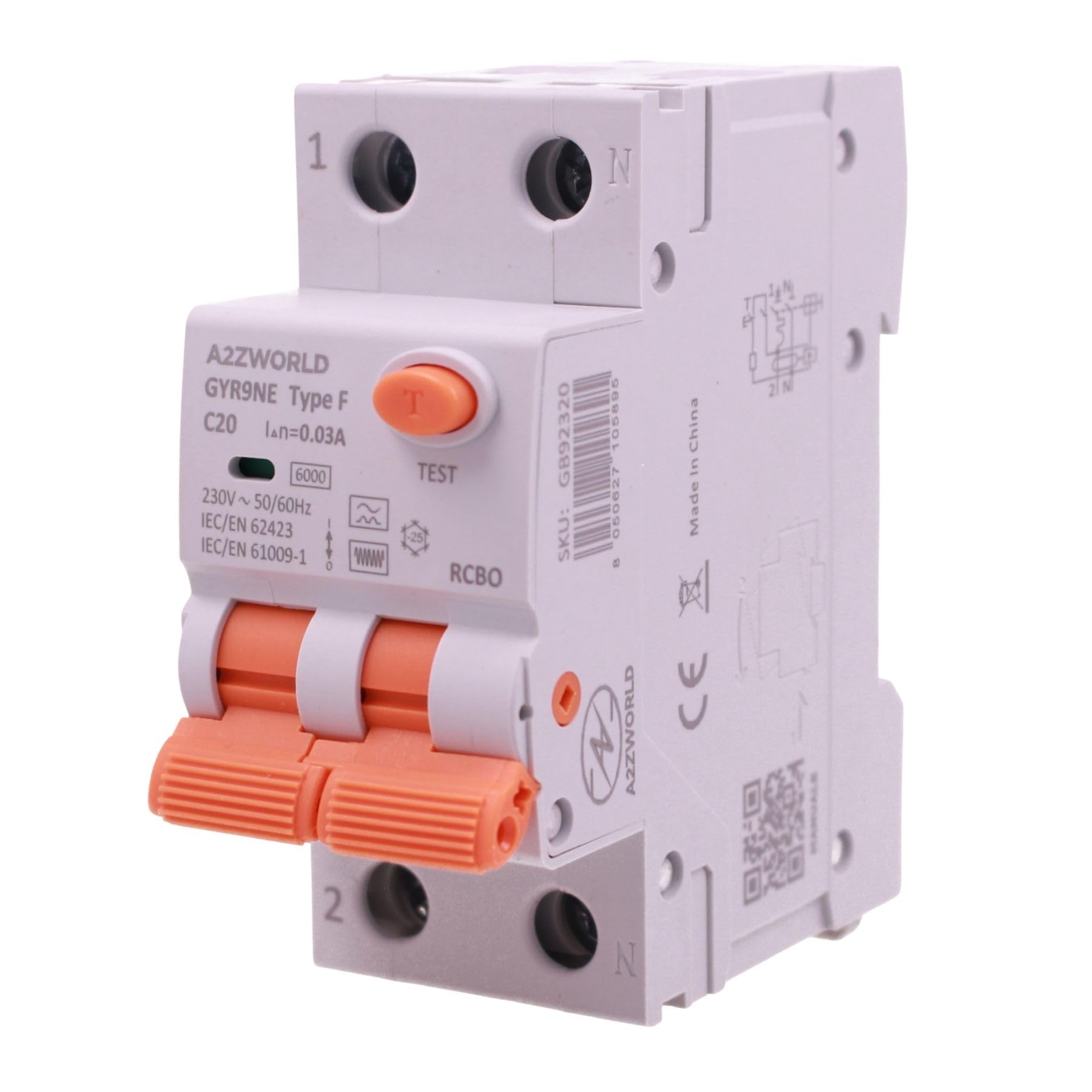 RCBO Typ F 20 A C20, Differentialschalter mit Leitungsschutzschalter Klasse F Kurve C, 1P+N 6 kA 30 mA, 2 Module 230 V AC, Doppelhebel, für moderne elektronische Geräte