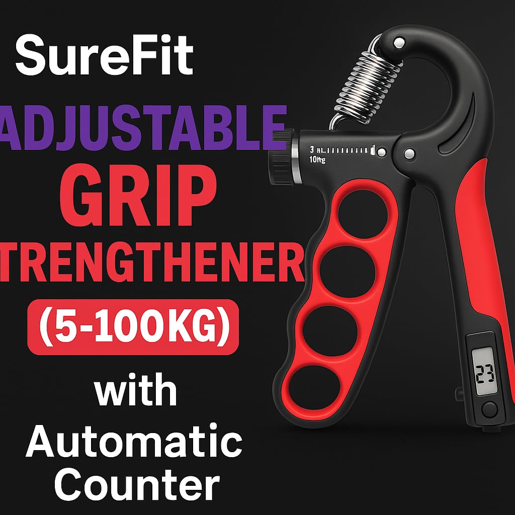 SUREFIT Adjustable Hand Gripper with Counter – 5–100 kg Resistance Hand Strengthener – ABS Plastic & Steel Spring – Black/Red – Standard Size 1