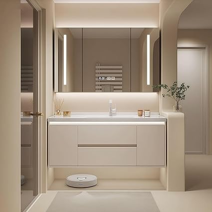 Modern Wall Mounted Floating Bathroom Vanity with Integrated Ceramic Sink, No Assembly Required, Hanging LED Intelligent Lighted Sensor and Demisting Mirror, Cabinet Spaces