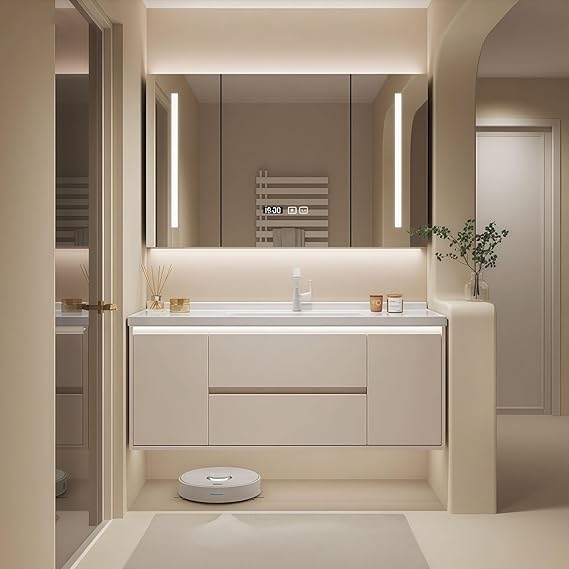Modern Wall Mounted Floating Bathroom Vanity with Integrated Ceramic Sink, No Assembly Required, Hanging LED Intelligent Lighted Sensor and Demisting Mirror, Cabinet Spaces