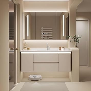 Modern Wall Mounted Floating Bathroom Vanity with Integrated Ceramic Sink, No Assembly Required, Hanging LED Intelligent Lighted Sensor and Demisting Mirror, Cabinet Spaces