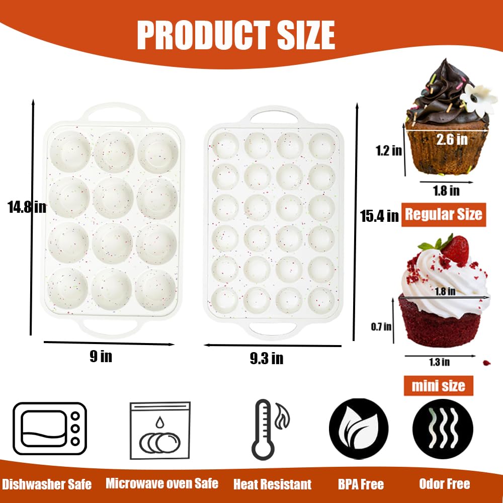 DeamEybi Silicone Muffin Pans for Baking,2Pcs Nonstick Cupcake Pans with Metal Reinforced Frame,12 Cups Muffin Pan and 24 Cups Mini Muffin Pan with Handles for Muffins,Cupcakes