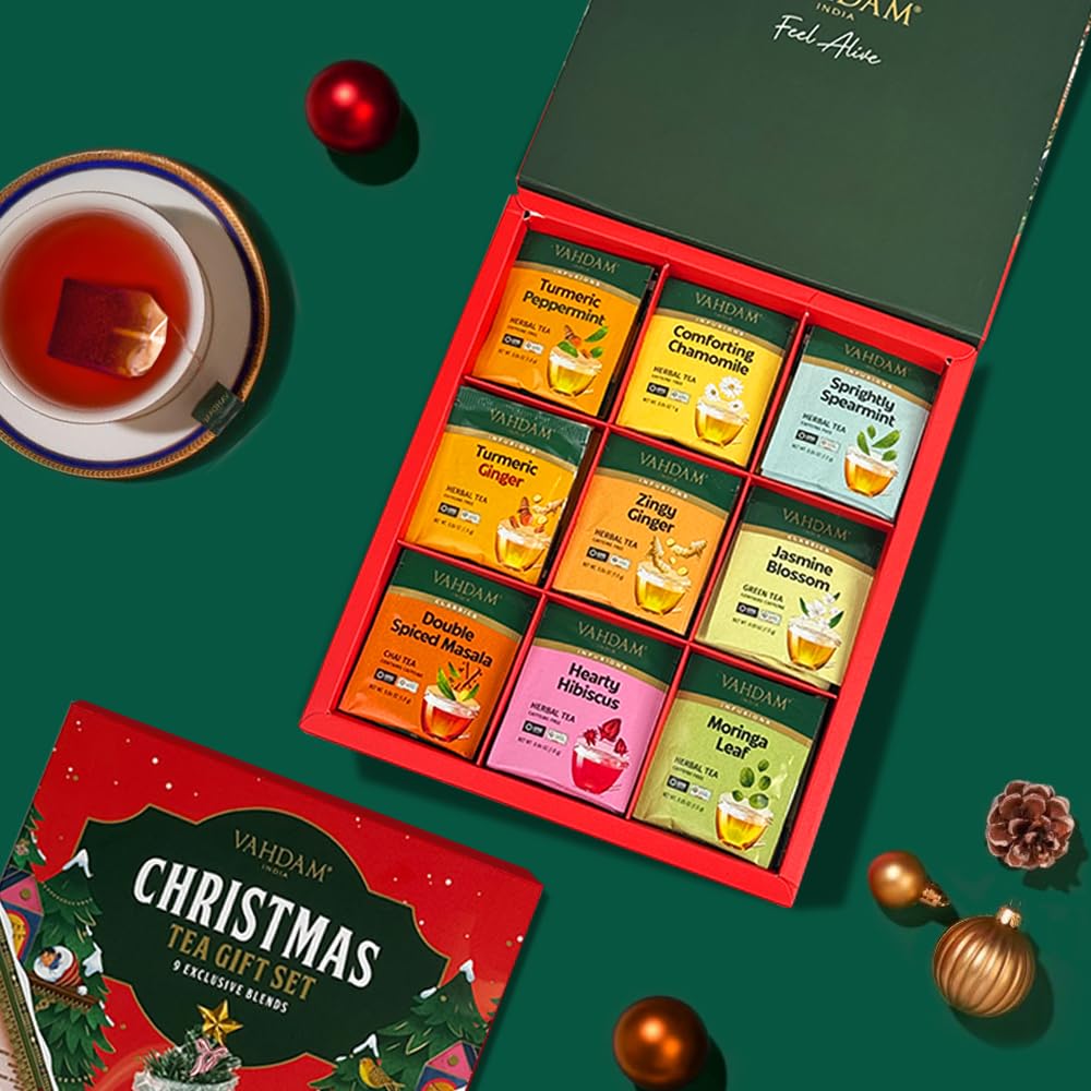 VAHDAM Coffret Thé De Noël 2025 | 9 Uniques Saveurs, 45 Sachets – Coffret De Fête Exclusif | Cadeaux De Pour Femmes Et Hommes | Cadeaux De Thé De Noël 2025