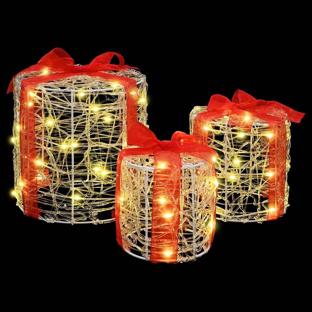 Pudełko na prezent, dekoracja, 3 sztuki, akryl, 20 x 20 x 21 cm, z paskami LED o ciepłej białej barwie, dekoracja bożonarodzeniowa do salonu, biura i na święta