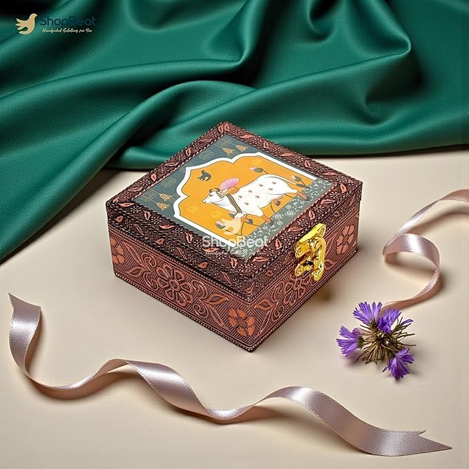 Image of Handcrafted Wooden Jewellery Box Copper Metal Finish (4 x 4 inch) - Pack of 2 | Oxidized Pichwai Cow Design | Decorative Organizer | Storage Box for Women Puja Festive Gifting | Royal Teal