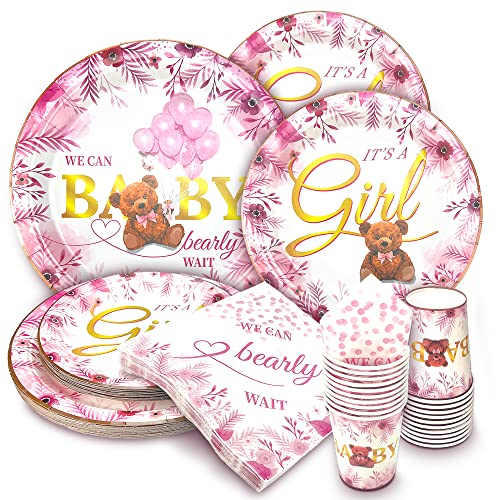Image of Pink Bear Baby Girls Shower Decorations Plates Napkins Cups Set - We Can Bearly Wait Baby Shower Supplies for 20 Guests Its A Girl Pink Baby Shower Plates for Girls Teddy Bear Baby Shower Party