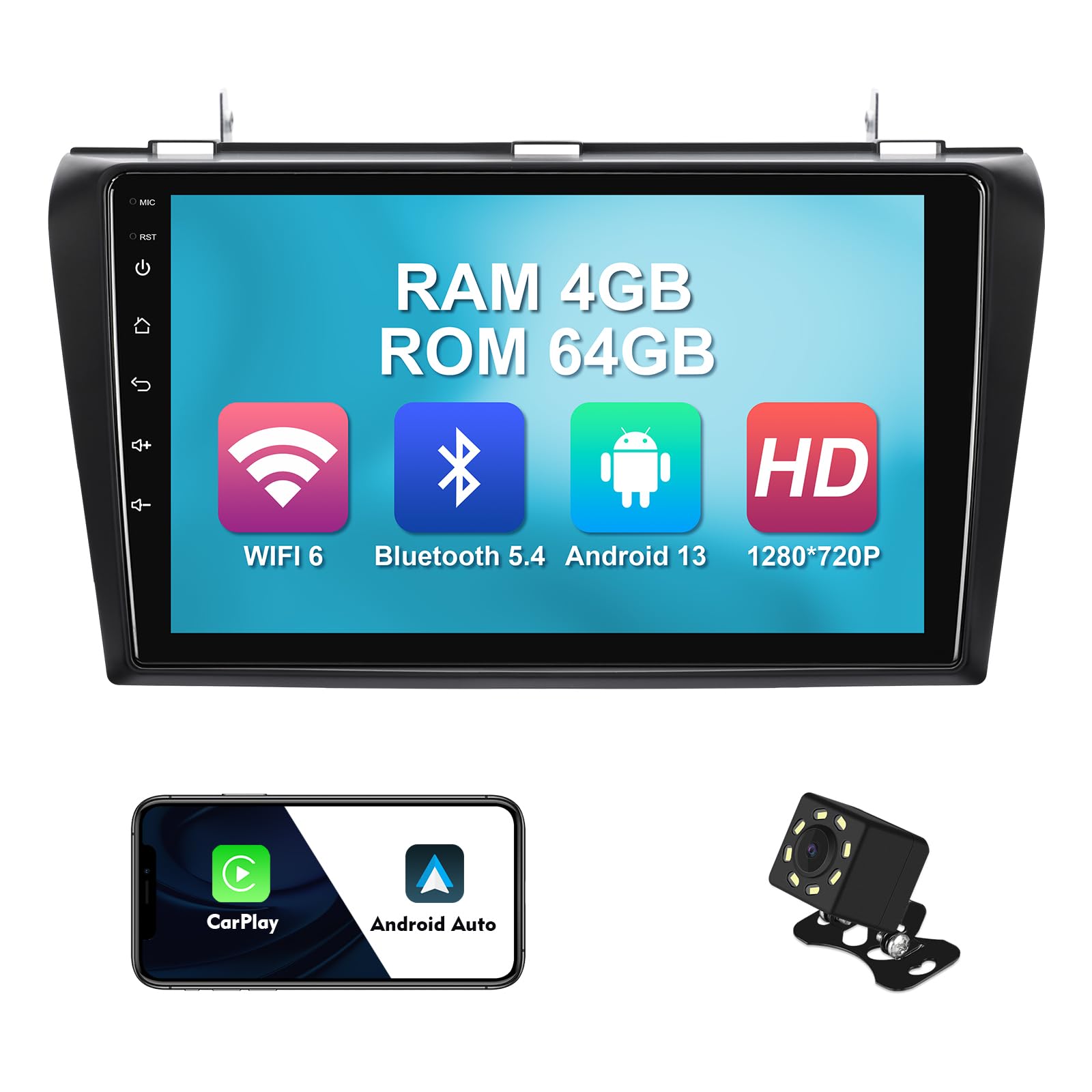 4+64G 9-inch Android 13 WiFi 6 Car Stereo for Mazda 3 2004-2009 IPS Touchscreen Screen Bluetooth 5.4 Car Radio with Carplay & Android Auto Support Backup Camera FM Navi SWC-image-17