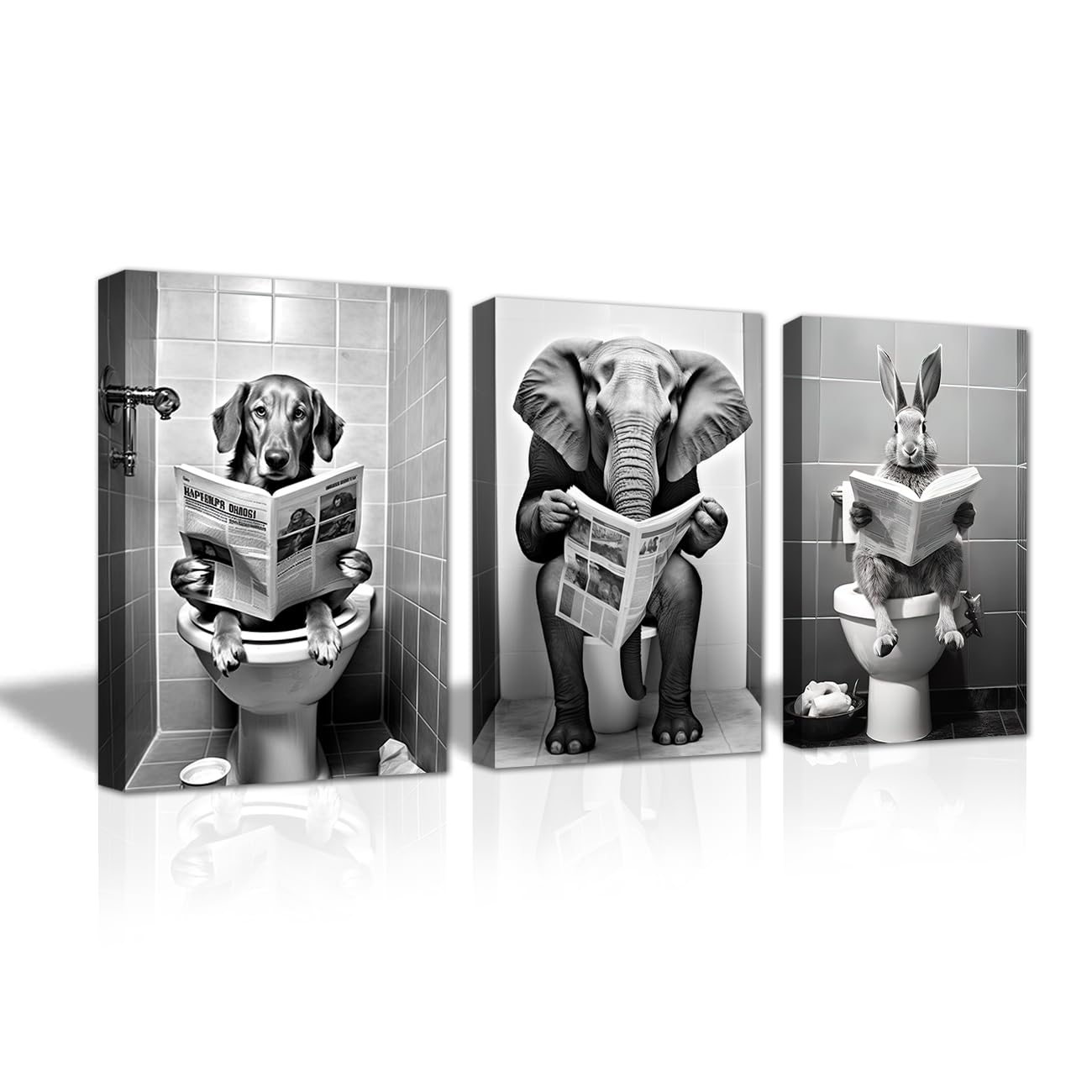 LZIMU Funny Bathroom Wall Decor 3 Panel Dog Elephant Rabbit Sitting on Toilet Reading Newspaper Canvas Prints Black and White Animals Poster Framed (Bathroom-5, 12"x16"x3PCS (30.00 x 40.00cms x 3PCS)) โ image 1