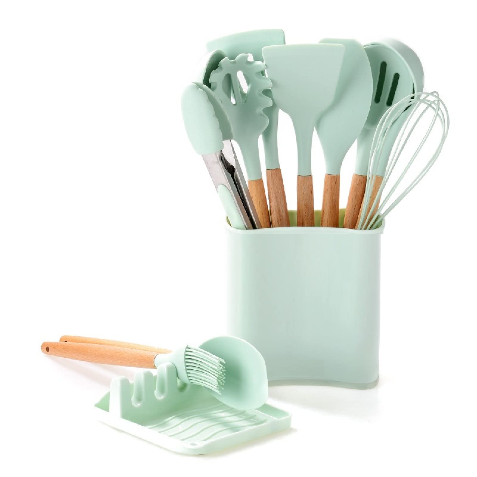 GTHTUHFD Cooking Spatulas And Spoons,Spoon Setcooking Utensils Set Silicone Kitchenware Scraper Oil Brush Egg Whisk Spatula Cooking Utensil Multipurpose Cookware,13pcs Mint Green