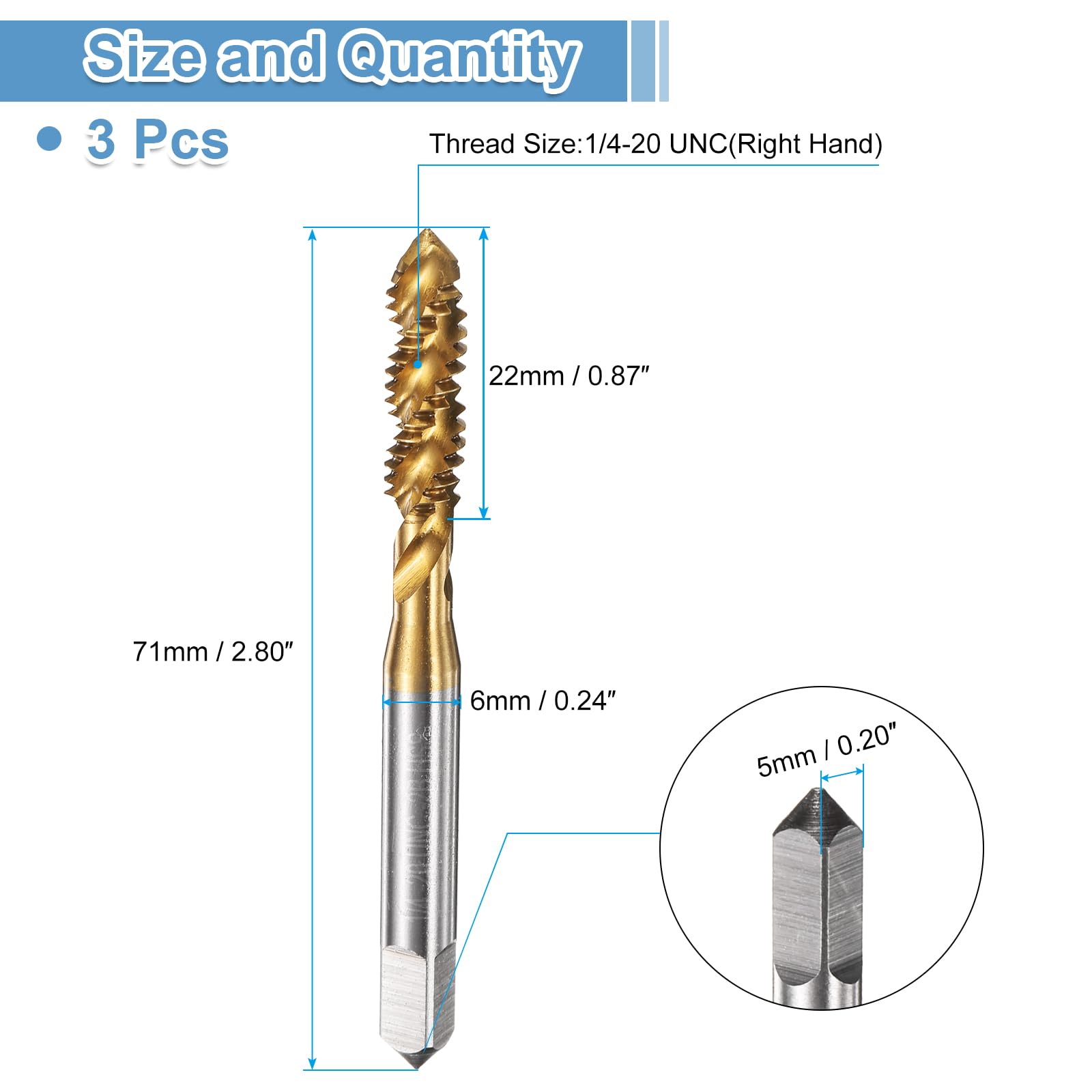 uxcell 3pcs Spiral Flute Thread Taps 1/4-20 UNC 2B Machine Threading Tap Bit, Titanium Coated Screw Tapping Repair Tool, M2 High-Speed Steel (HSS)