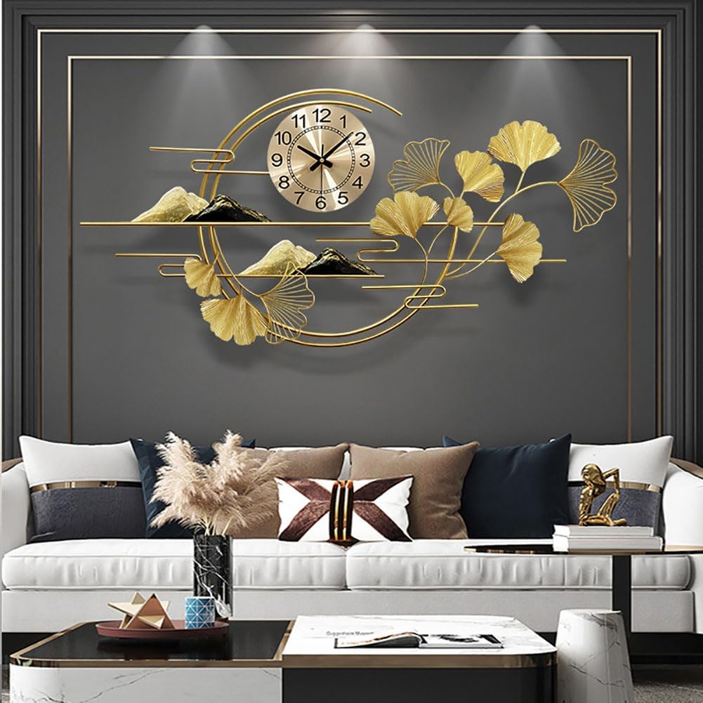 Yaiunhiq Gold Creative Wall Clocks, Wall Art Ginkgo Leaf Shape Hanging Pendant Metal Wall Decor Decorative