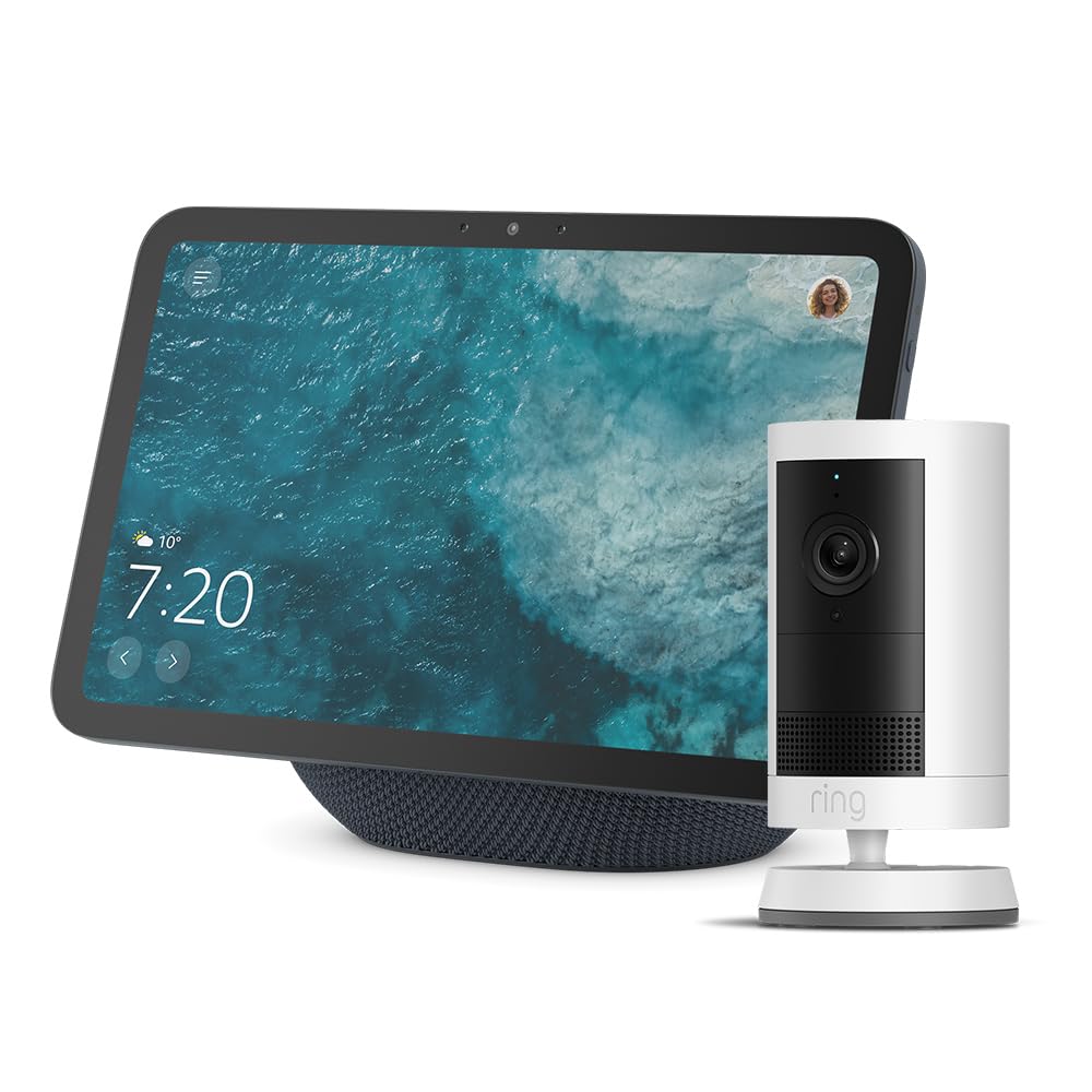 Echo Show 8, pantalla HD 8,7" con audio espacial y Alexa, gris grafito y Ring Cámara exterior Plus con baterÃa, VÃdeo 2K gran angular