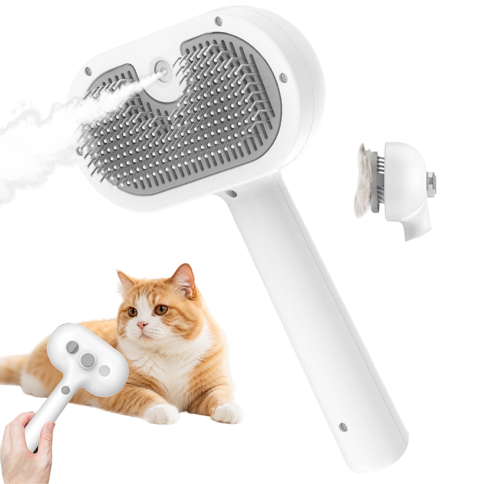 Cepillo de Vapor para Gatos, Cepillo de Vapor para Gatos 3 en 1, Cepillo de Vapor para Gatos para Masaje, Cepillo de Aseo para Gatos for Tangled and Loosse Hair en Un Clic-Blanco