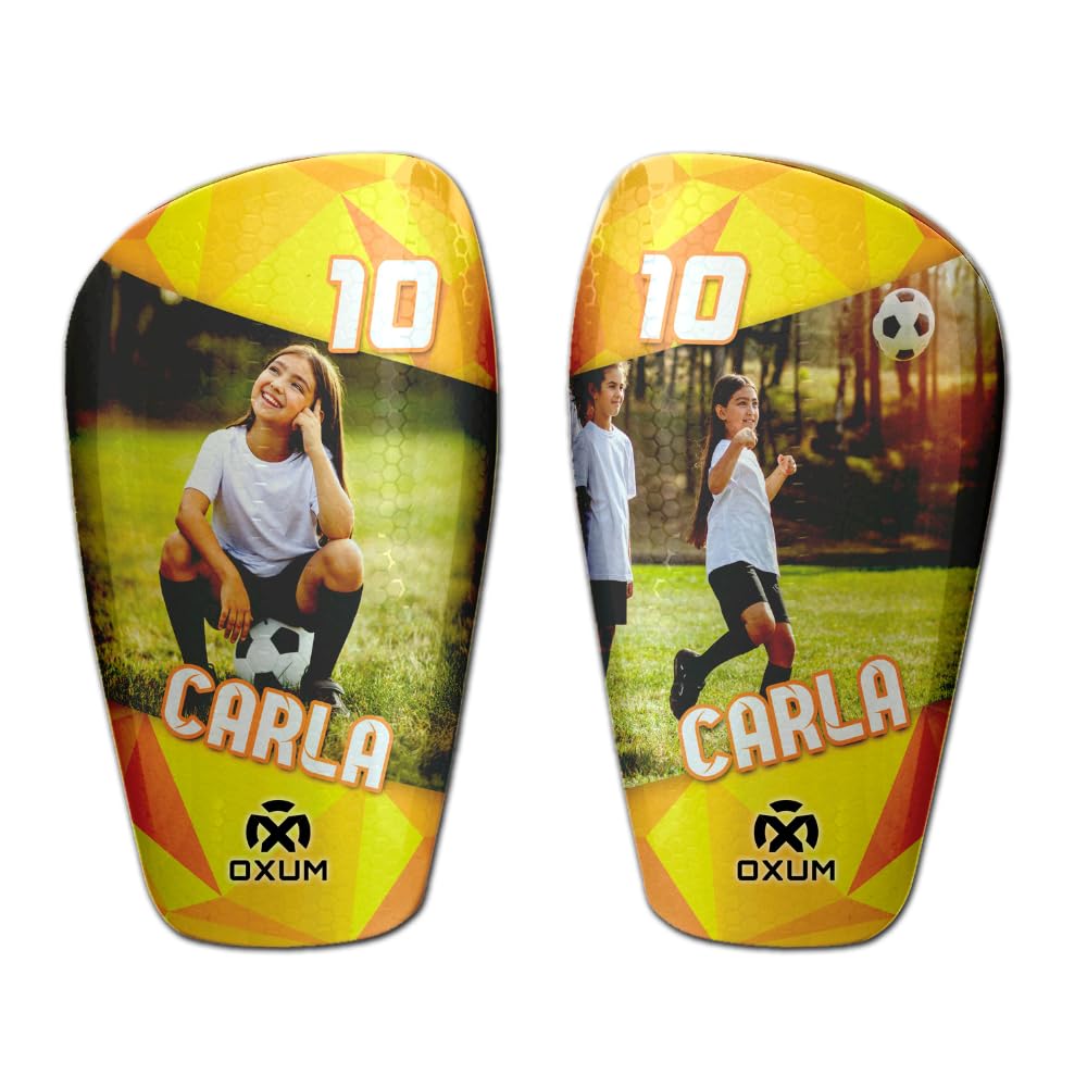 Oxum Sport - Espinilleras de Fútbol Personalizadas para niños y Adultos - Incluye tu número, tu Foto y tu Nombre para Personalizar Tus espinilleras. Bolsita para espinilleras de Regalo - Gama Pro