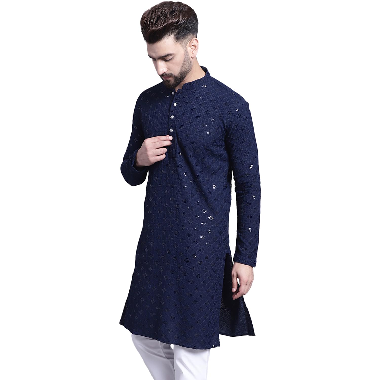 Sojanya (Since 1958 Men's Pure Cotton Navy Blue Embroidered 4Booti Sequence Kurta