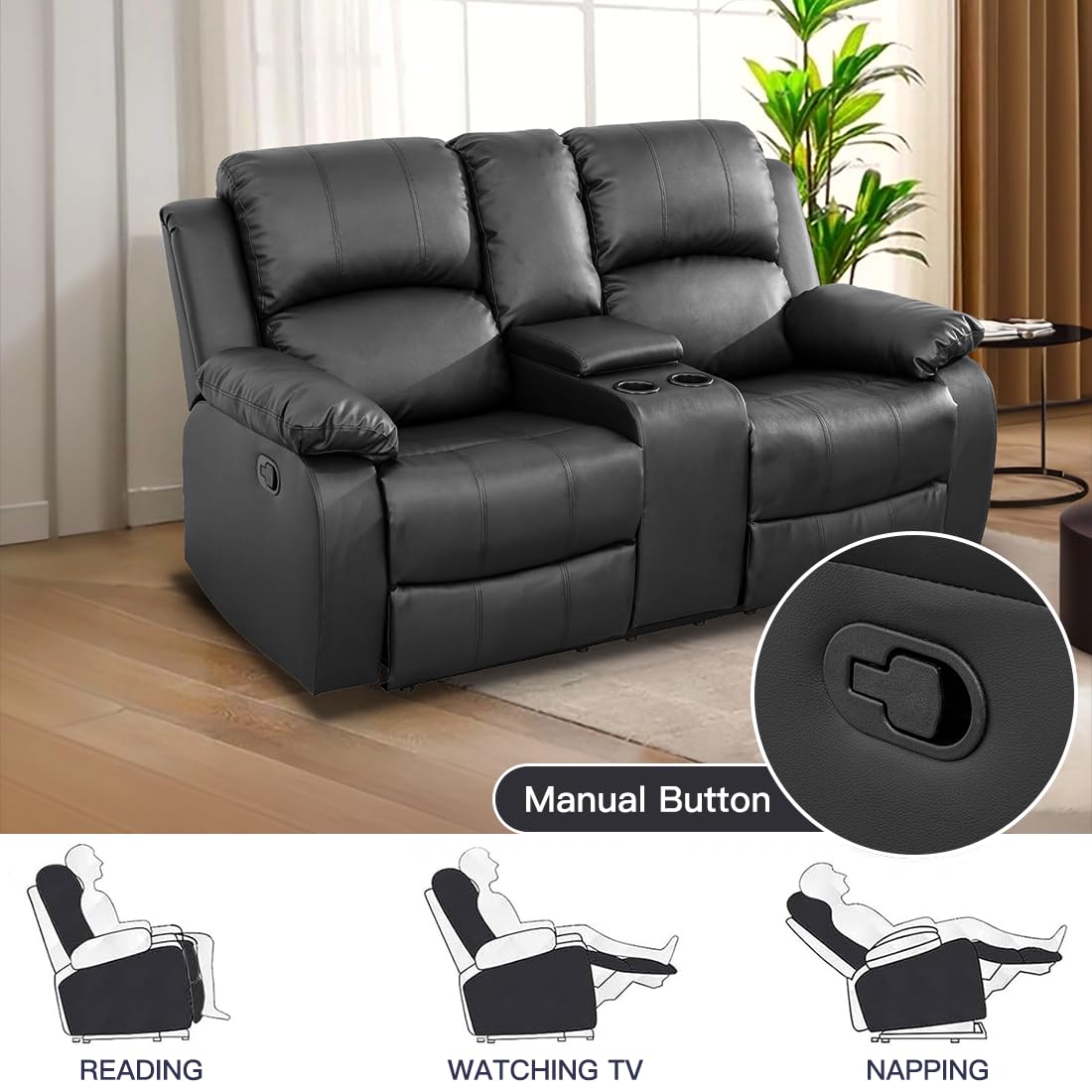 Toseslo Manual Recliner Loveseat Set, Living Room Furniture Sets, 2 Seater Modern Reclining Couches, Black Leather Reclining Couch Sets with Storage Console/Cup Holder for Living Room/Apartment view 5